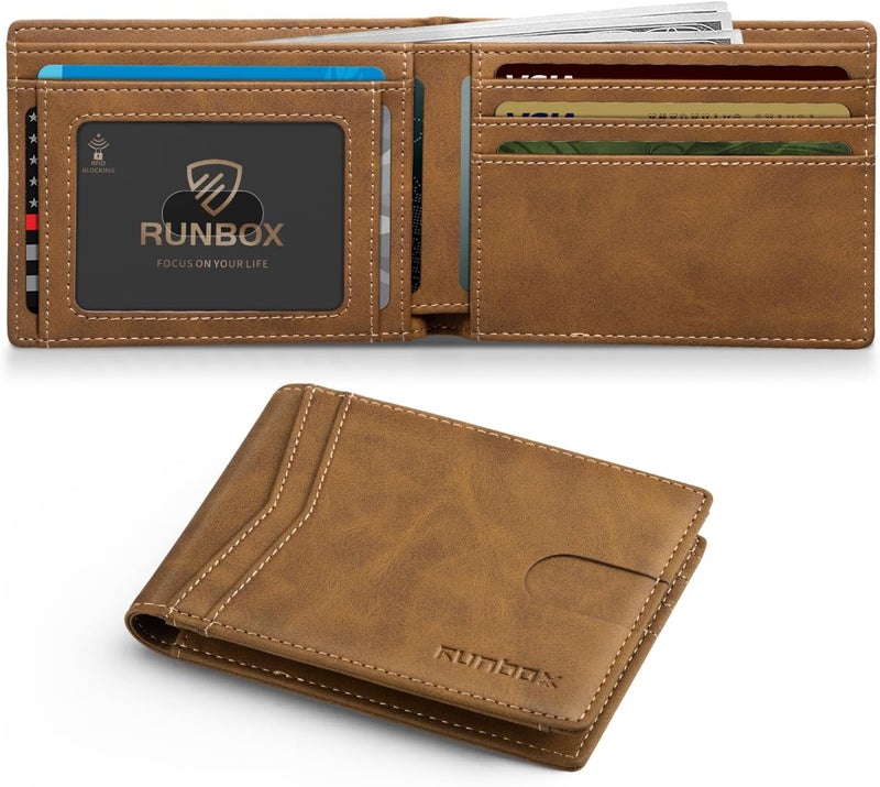 RUNBOX Wallet for Men Slim Leather Bifold RFID Blocking Minimalist Front Pocket Design with Gift Box - Image 1